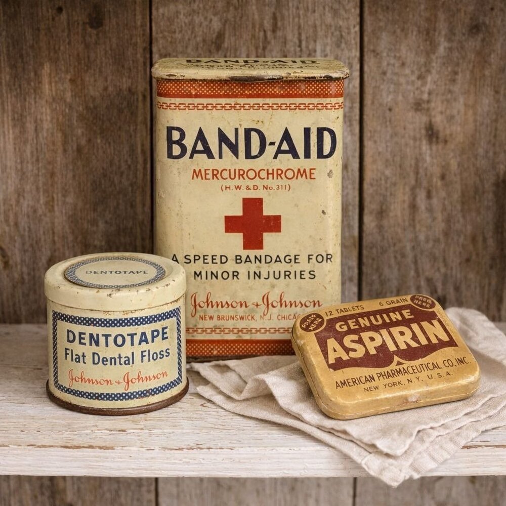 Vintage Apothecary Decor Tins First Aid Tin Set Band Aid Dental Floss Aspirin